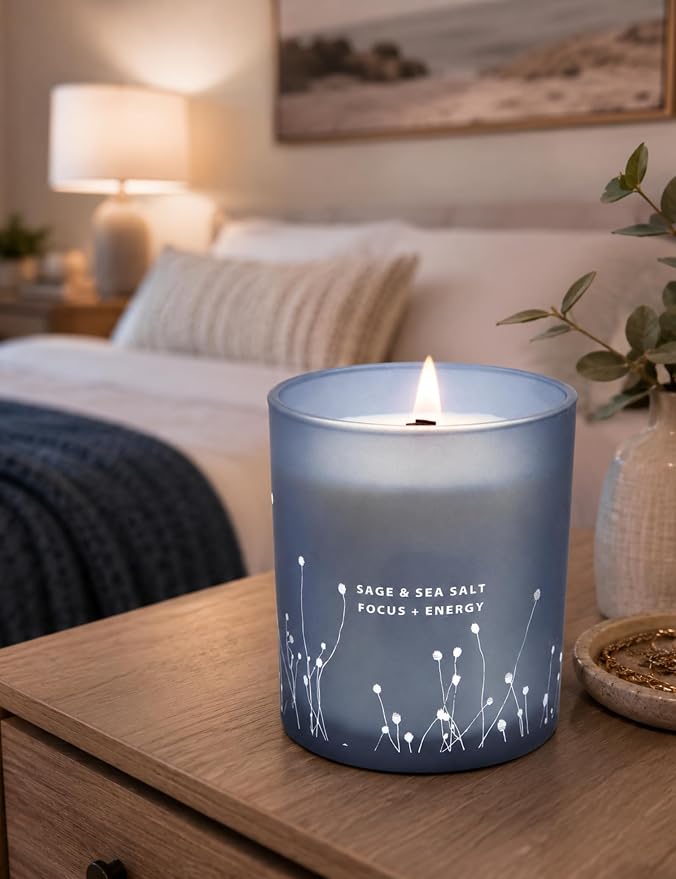 White Sage Sea Salt Wood Wick Soy Scented Candle, 10.6 oz | Sage Candle for Cleansing House | Aromatherapy Energy Cleansing Candle for Home, Meditation, Clean Burning Long Lasting