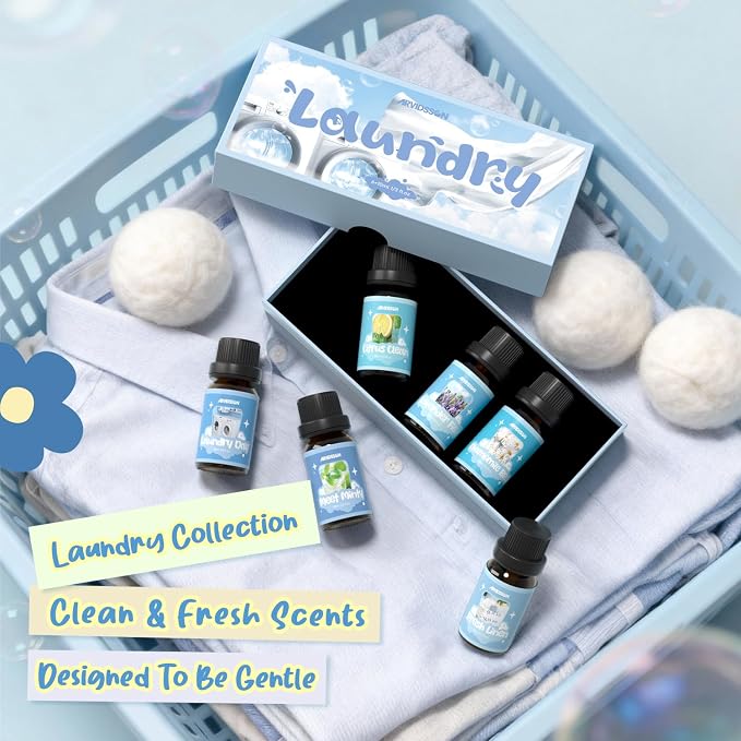 ARVIDSSON Laundry Collection Essential Oil Set, Natural Clean Essential Oils for Diffuser, Use with Wool Dryer Balls - Fresh Linen, Citrus Clean, Laundry Day, Chamomile Bliss, Lavender Field, Minty
