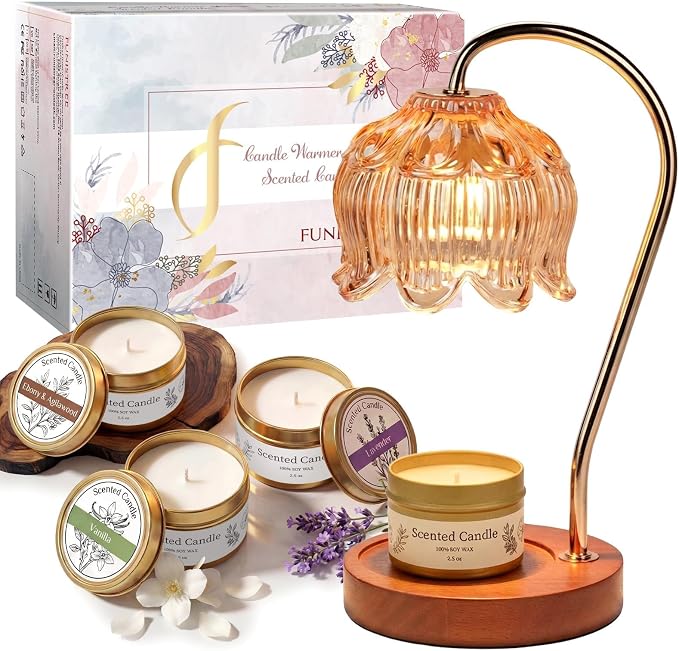 Flower Candle Warmer Lamp with Timer for Jar Candles, Dimmable Candle Lamp Warmer Gift Set with 3 Scented Candles Lavender Vanilla Oud, Christmas Birthday Gifts for Women Mom Wife Her - Amber