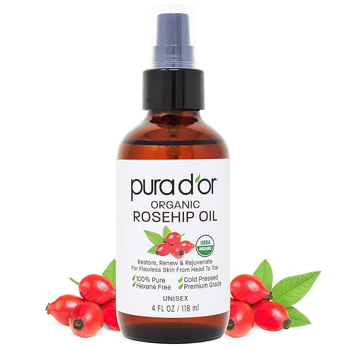 PURA D'OR ORGANIC Rosehip Seed Oil 100% Pure Cold Pressed USDA Certified For Hair, Skin, Scalp, Anti Aging Face & Body - Hexane Free Glass Bottle - 4 Oz - Hair Regrowth Tonic