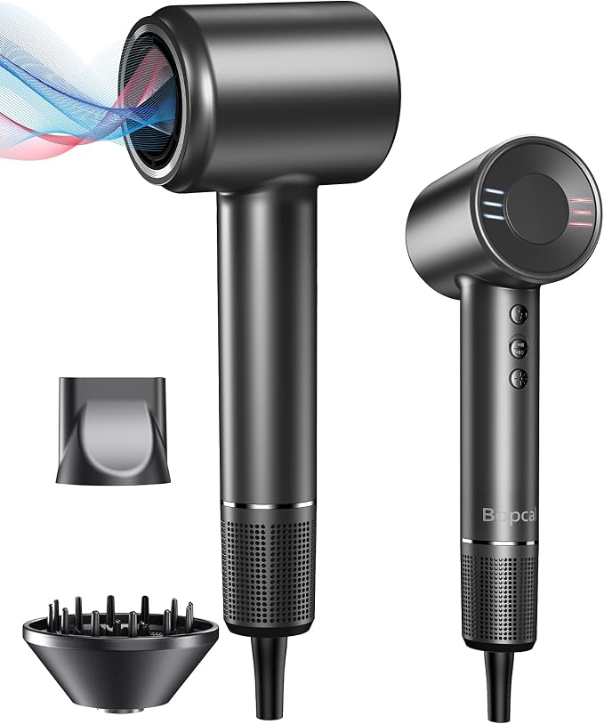 Bopcal Hair Dryer, Ionic Blow Dryer with Diffuser, 150,000 RPM Professional High-Speed Hair Dryer, 500M Negative Ions Fast Drying, Lightweight Low Noise for Curly & Straight Hair, Travel Friendly