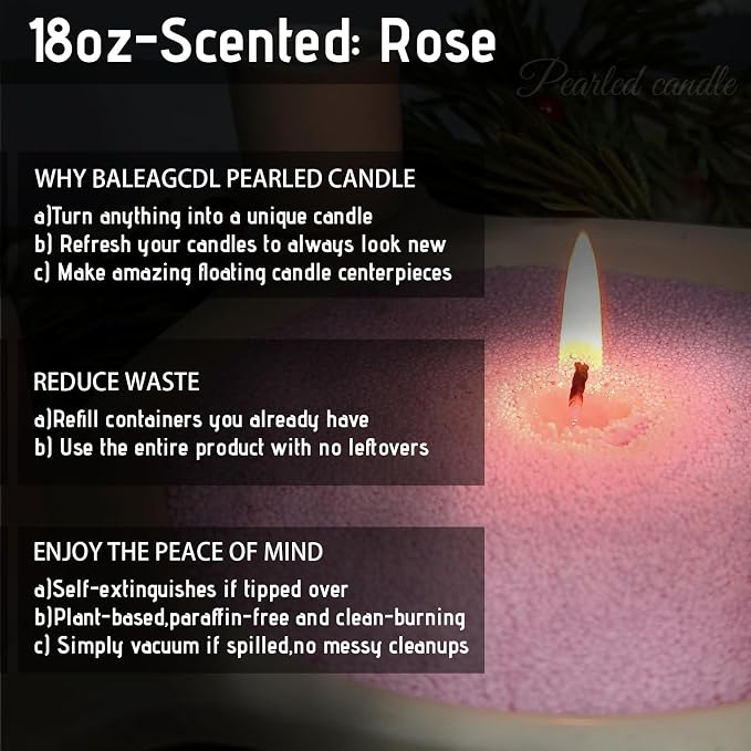 Pearled Candle 18 Oz with 30 Wicks - Rose Scented Sand Candles Pink Refillable Wax Lasts up to 120 Hours - Smooth and Clean Burning for Candle Making Lover’s Gifts