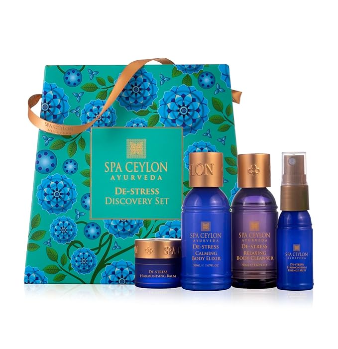 Spa Ceylon Ayurveda De-Stress Discovery Set - 4-Piece Natural Calming Gift Set with Frankincense, Sandalwood & Tangerine - Body Cleanser, Body Elixir, Essence Mist & Balm