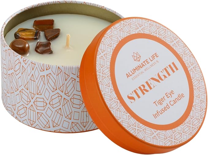 Luxury Candle Tin, 4 OZ, Strength - Tiger Eye Crystal Infused - Scents of Cedarwood, Amber, & Sage - Power, Courage, & Expansion - Coconut Wax Blend, Essential Oils, Dr. Developed