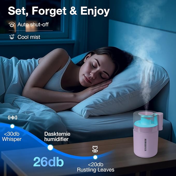 Small Mini Humidifier, USB Desk Cool Mist Humidifier Personal Portable Quiet Table Desktop Humidifiers for Cooling Home Office Car Summer Travel (180ml, Pink)