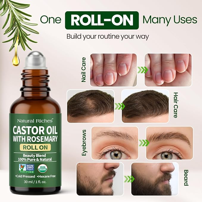 Natural Riches Organic Castor Oil with Rosemary Roll On for Hair Growth & Skin Care - Essential Oil Roller for Eyebrows, Eyelashes - Cold Pressed & Hexane Free Formula - 1 fl oz
