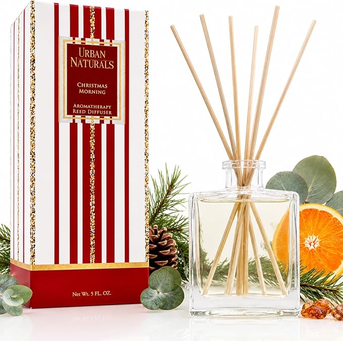 Urban Naturals Christmas Morning Reed Diffuser Set – Aromatic Rosemary, Eucalyptus, Balsam Spruce, Orange, Cedar & Amber – Sleek Rectangular Refillable Glass Bottle – Made in the USA