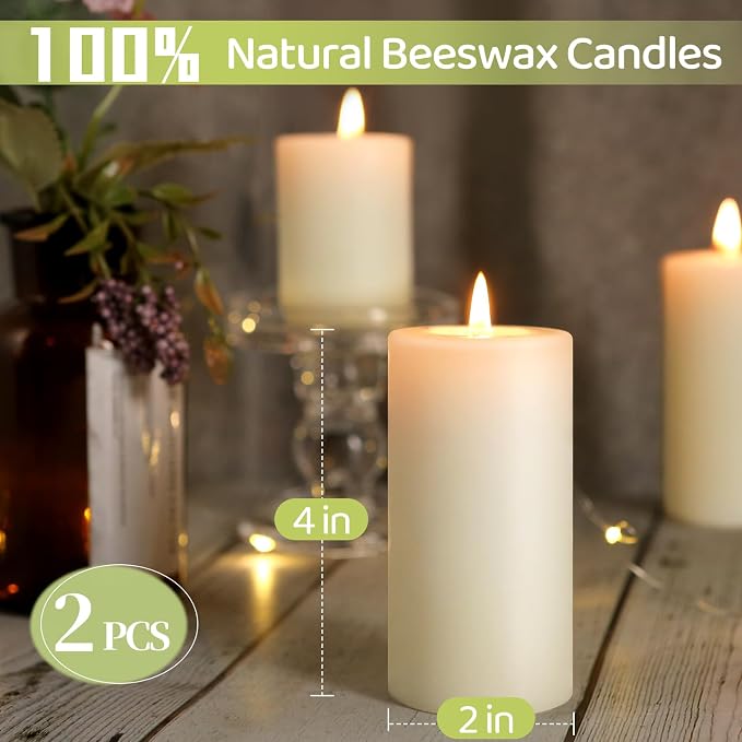 Beeswax Pillar Candles,86 Hours Long Burning,Ivory White Unscented Pure Bees Wax Candles for Home,Prayer,Dripless Smokeless Organic 100% Beeswax Candles Bulk 2x4in-2pack