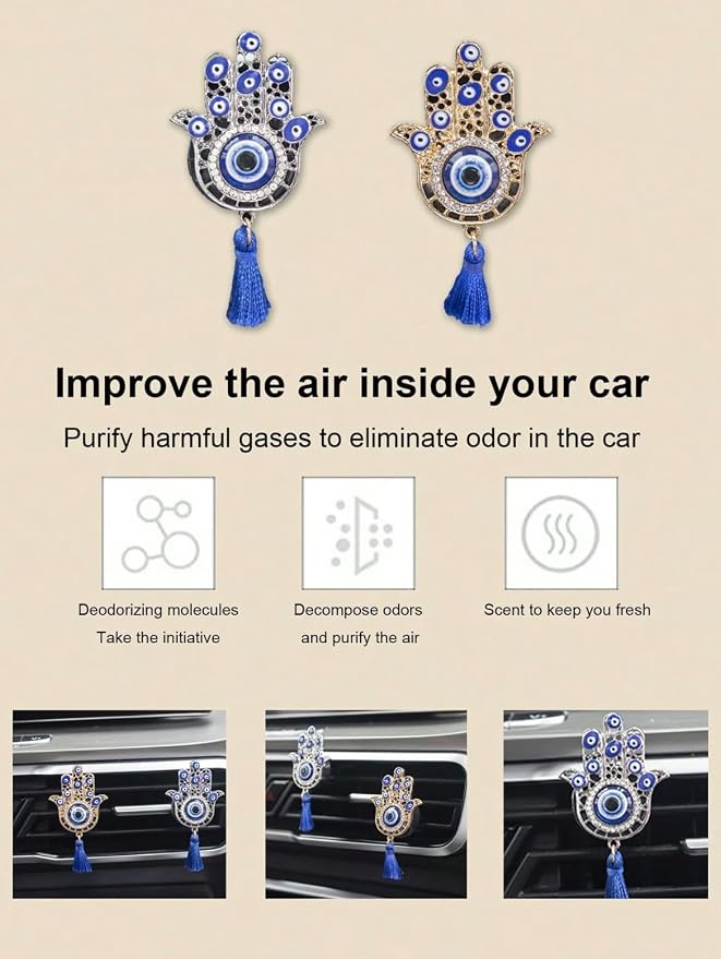 2pcs Hamsa Evil Eye Car Air Freshener – Handmade Boho Chic Vent Clip with Tassel & Essential Oil Diffuser. A charm for protection, travel & home. for yogis, drivers & mystic souls.