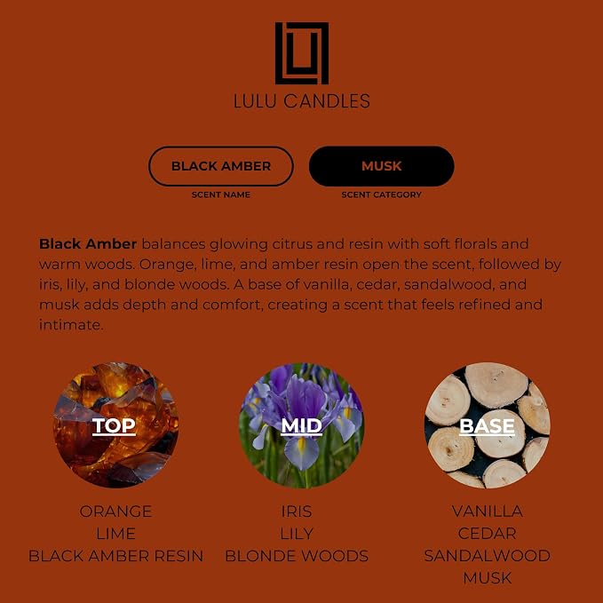 Lulu Candles | Black Amber | Luxury Scented Soy Jar Candle | Hand Poured in The USA | Highly Scented & Long Lasting (9 Oz.)