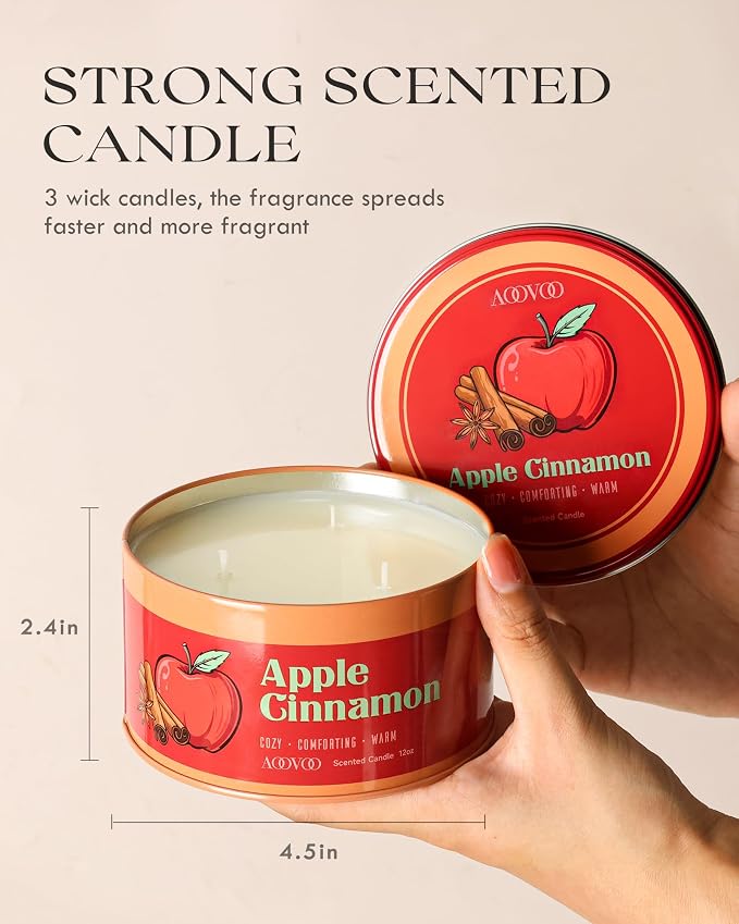 AOOVOO Apple Cinnamon Candle - 3 Wick 12oz Large Fall Candles, Soy Wax Strong Scented Candle Non Toxic, Long Lasting Aromatherapy Candle for Home, Holiday Gift for Women Men