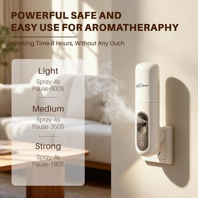 Waterless Essential Oil Diffuser Plug in wall, Automatic Home Frangrance Diffuser for Bedroom Bathroom Kitchen, 25dB Ultra-Quiet Aroma Diffuser, Works with Most Essential Oils and Pure Aroma Oil