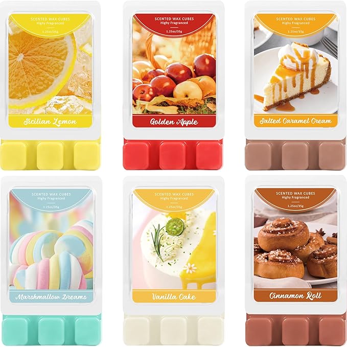 SCENTORINI Wax Melts Summer Scent, Scented Wax Cubes, Soy Candle Wax Tarts for Wax Warmers, Sicilian Lemon, Golden Apple, Vanilla Cake, Cinnamon Roll, Salted Caramel Cream, Marshmallow Dreams