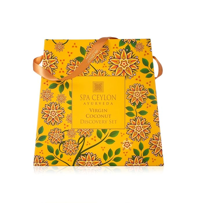 Spa Ceylon Ayurveda Virgin Coconut Discovery Set – 4-Piece Natural Body & Hair Gift Set – Body Cleanser, Ultra-Rich Body Cream, Hair Oil & Face Body Scrub, Cold Pressed Ceylon Coconut