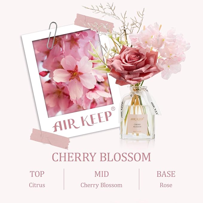 Airkeep Flower Reed Diffuser Set, Cherry Blossom Diffuser Gift Set,4.06 fl oz Essential Oil Sticks Diffusers for Bathroom Air Freshener, Aromatherapy Home Fragrance for Shelf Decor,Gift for Women Mom