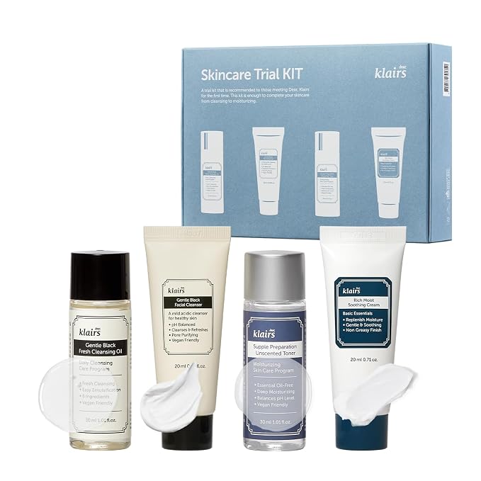 DearKlairs Skincare Travel Trial Kit – Korean Mini Set with Cleansing Oil, Foaming Cleanser, Toner & Soothing Cream, Facial Gift Set for All Skin Types, Vegan, Cruelty-Free