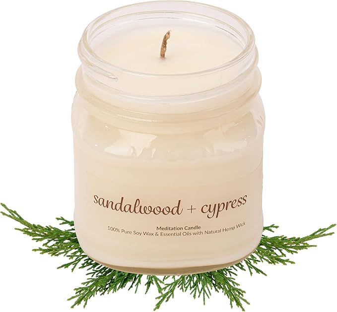 Meditation Soy Wax Candle, Relaxing and Banishing Negative Energy, Non-Toxic Handpoured Glass Jar Candle - Clean Burning, Long Lasting, Candles for Home, Fragrance (Sandalwood + Cypress)