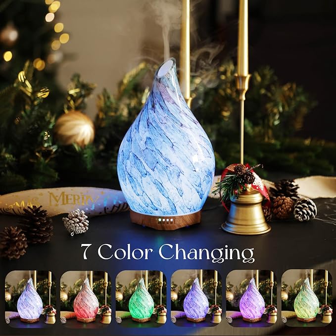 Porseme 280ml Essential Oil Diffuser Glass Color Changing Aroma Air Diffusers Aromatherapy Ultrasonic Cool Mist Humidifier with Remote Control 7 Running Hours Waterless Auto-Off (Light Blue)