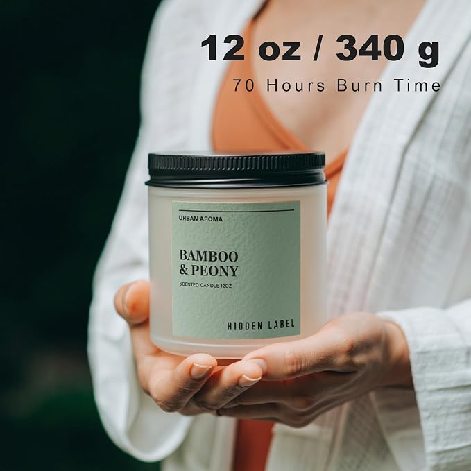 Hidden Label Bamboo & Peony Soy Candle, 12oz 2-Wick, 70H Burn | Japandi Décor Frosted Glass, Clean Aromatherapy for Focus & Calm, Stress Relief, Gift-Ready with FSC Packaging