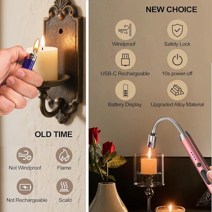 Candle Lighter, Windproof Flameless Electric lighters, Long Lighter with 360° Neck & Safety Switch, USB-C Rechageable LED Power Display Arc Lighters for Birthday BBQ Candle (Rose Gold)