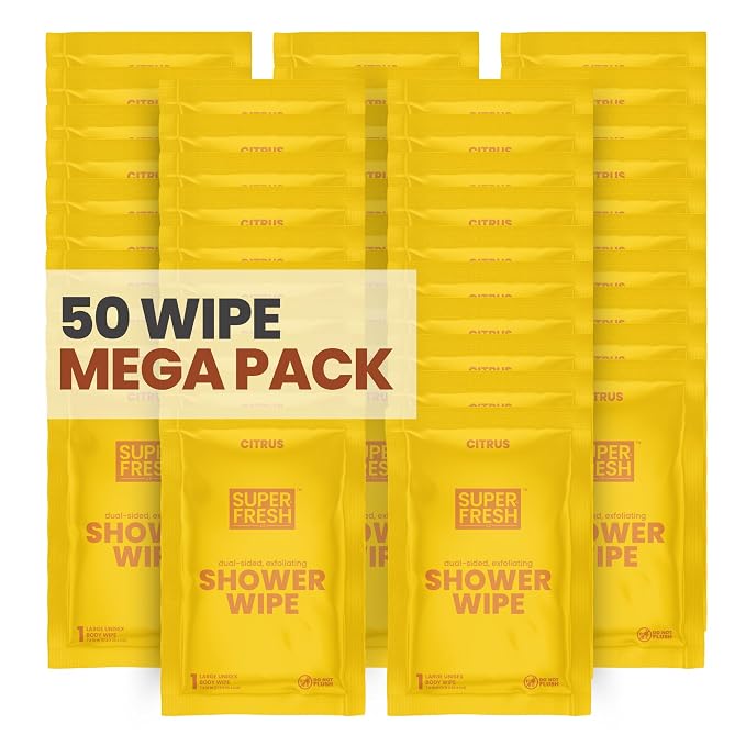Super Fresh Shower Wipes Large Citrus Body Wipes for No Rinse Bathing Personal Hygiene Gym Travel or Camping Enriched with Aloe and Vitamin E 50 Individually Wrapped Disposable Sheets