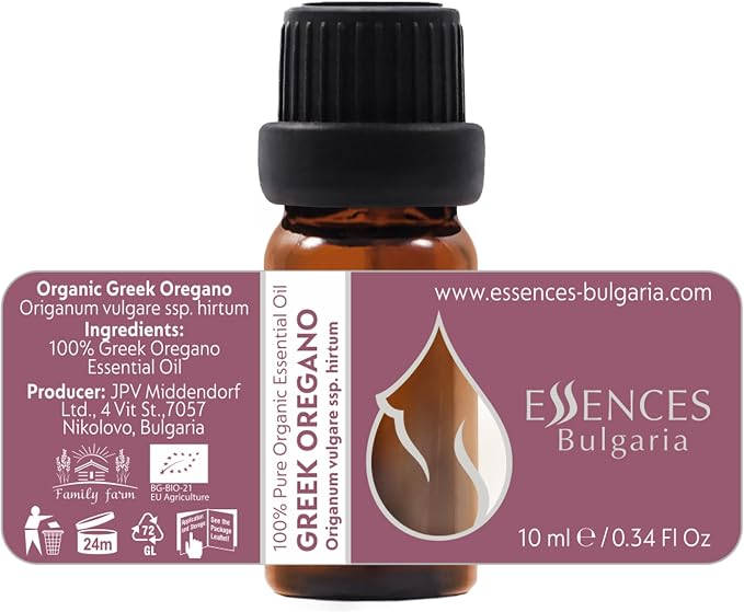 Essences Bulgaria Organic Greek Oregano Essential Oil 1/3 Fl Oz | 10ml | Origanum vulgare SSP. hirtum | 100% Pure and Natural | Undiluted | Therapeutic Grade | Family Owned Farm | Steam-Distilled