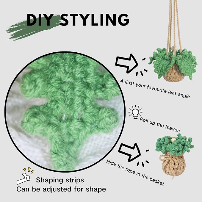 ROFIGL Handmade Crochet Car Air Freshener - Adorable Bendable Fern Plant with 8ml Empty Refillable Oil Diffuser Bottle, Suitable for Car Rearview Mirror Hanging, Home & Office Decor