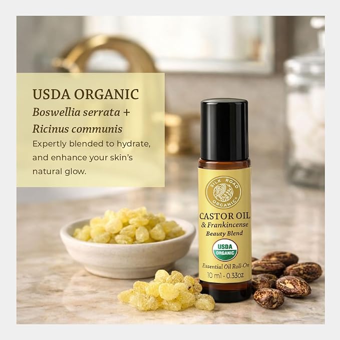 Silk Road Organic Castor Oil & Frankincense Essential Oil Under Eye Roll On for Bags, Dark Circles, Crows Feet, Fine Lines & Wrinkles | USDA Certified Aromatherapy for Delicate Eye Skin, 10ml Roller