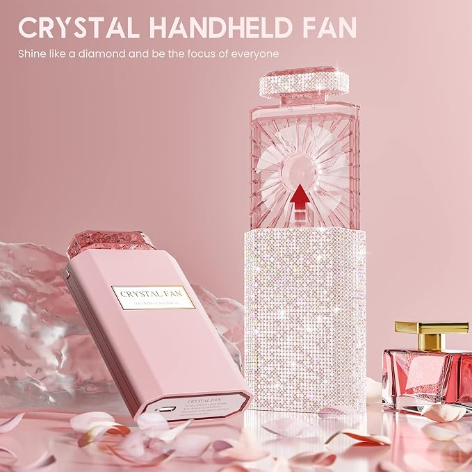 Bling Handheld Fan, Rechargeable Personal Fan with 3 Speeds Setting, Powerful Crystal Pull-out Portable Fan, Cooling Electric Fan for Girls Woman Office School Working Small Fan - Pink Rhinestones
