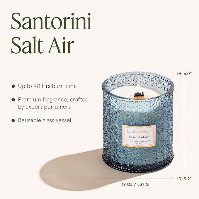 LA JOLIE MUSE Santorini Salt Air Scented Candles for Home, 19 oz Soy Wax | Large Jar Luxury Candle, Clean Natural Non-Toxic, Fresh Summer Ocean Blue Candle, Gifts for Women & Men, Wood Wick, Bergamot