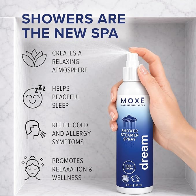 MOXE Shower Mist, Spa Steam Spray, Certified Natural Essential Oils, Aromatherapy, Tension Relief (Dream, 4 Fl Oz (Pack of 1))