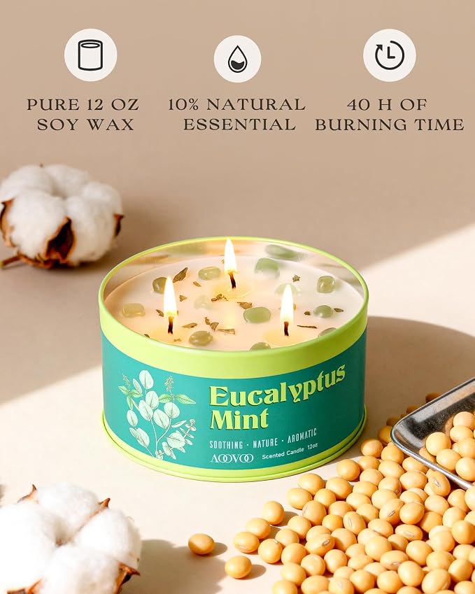 AOOVOO Eucalyptus Mint Candle for Relaxation - 3 Wick 12oz Large Scented Candle with Green Aventurine & Eucalyptus Leaves Inside, Soy Candles Non Toxic for Meditation, Stress Relief, Energy Cleansing