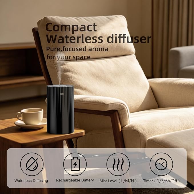 Waterless Essential Oil Diffuser, Portable Car Diffuser with Rechargeable Battery, Cordless Aromatherapy Diffuser for Home Office Bedroom, USB-C Nebulizing Diffuser, Up to 600 Sq Ft Coverage