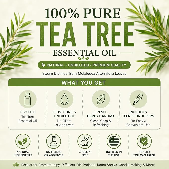Tea Tree Essential Oil – 16 fl oz (473 ml) – 100% Pure & Undiluted – Steam-Distilled Melaleuca – Amber Glass Bottle – Natural Cleaning, Diffuser, and DIY Use – GreenHealth