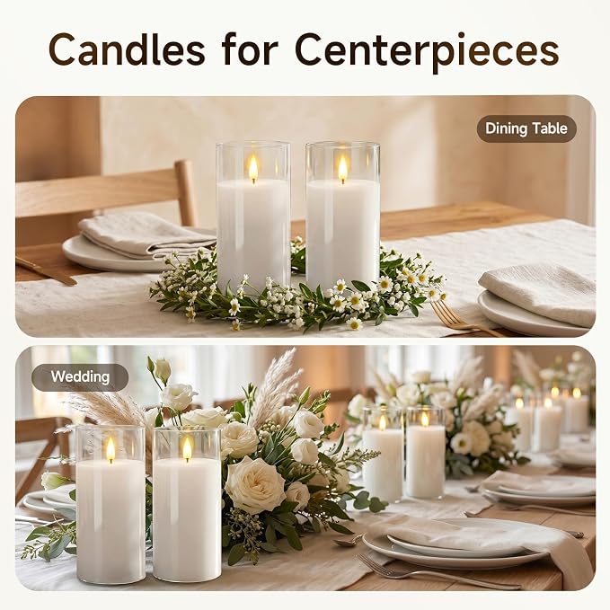 Homemory Clear Glass Flameless Candles Battery Operated LED Pillar Candles with Remote and Timer, Real Wax Flickering Candles with 3D Wick, Decorative Glass Candles Home Wedding Holiday Decor, 2 Pack