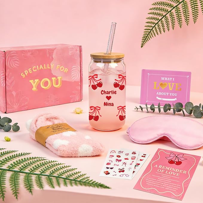 Personalized Valentines Day Gifts Her - Personalized Glass Cup, Satin Eye Mask, Fuzzy Socks & Love Card | Romantic Gift for Girlfriend/Wife (Valentines-DIY)