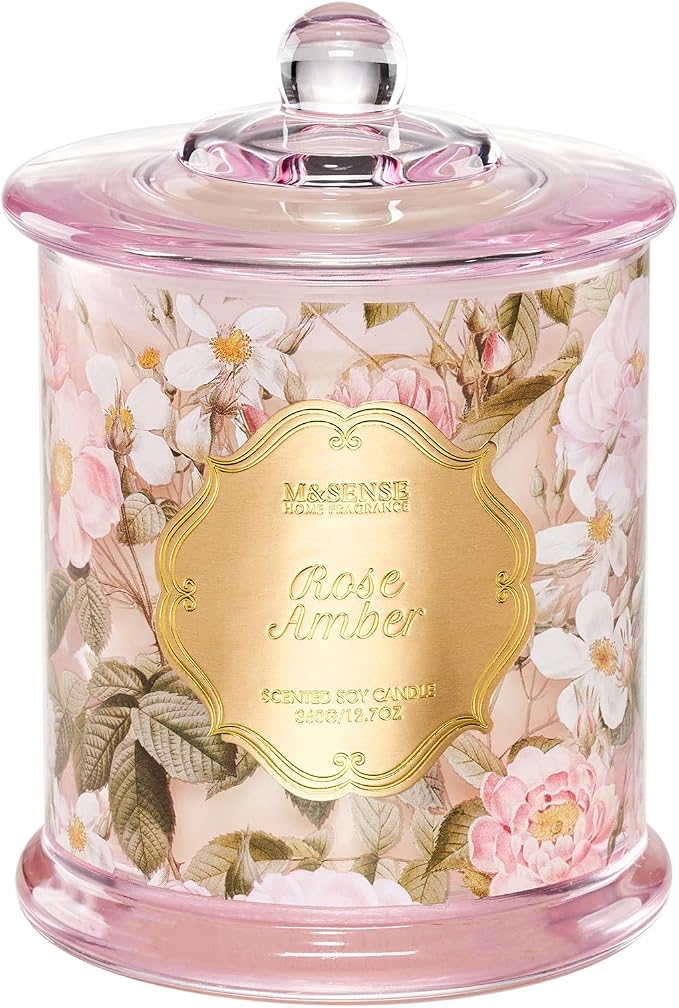 M&SENSE Rose Amber Candle 12.7oz Romantic Gift 2 Wick | Organic Soy, Non-Toxic, Relax Scent, Ideal Gifts for Women, 75 Hours Long Lasting