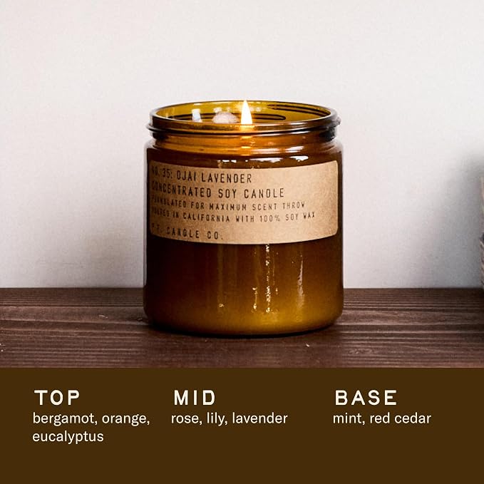 P.F. Candle Co. Ojai Lavender Classic Large Concentrated Scented Soy Wax Candle (12.5 oz) 60-70 Hour Burn Time, Amber Glass Jar, Made in the U.S.A.