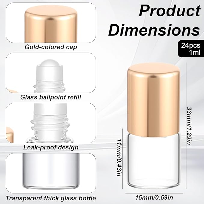 24 Pcs 1ml Gold Glass Roll-on Bottles for Essential Oils Mini Refillable Glass Roll on Bottles Roller Oil Aromatherapy Sample Vials Roller Travel Cosmetic Rollers Bottle Container