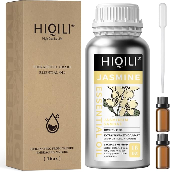 HIQILI 16 Fl Oz Jasmine Essential Oil for Diffuser, Hair, Skin, Perfume Making - 500ML