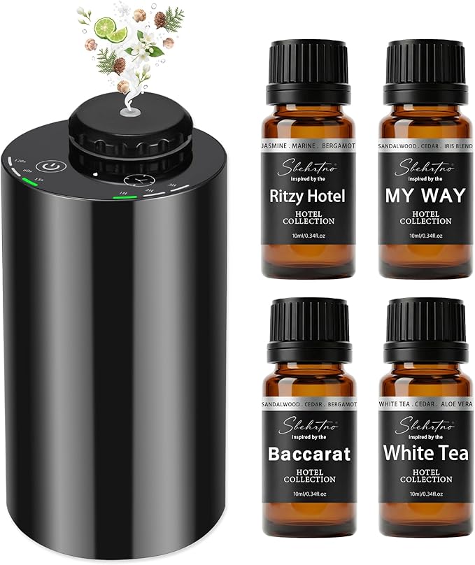 Hotel Scent Diffuser Kit – Waterless Essential Oil Diffuser with 4 Luxury Fragrance Oils, Cold Air Aroma Diffuser for Home, Bedroom, Office & Car (Hotel Scent Diffuser Kit with 4 Fragrance Oils)