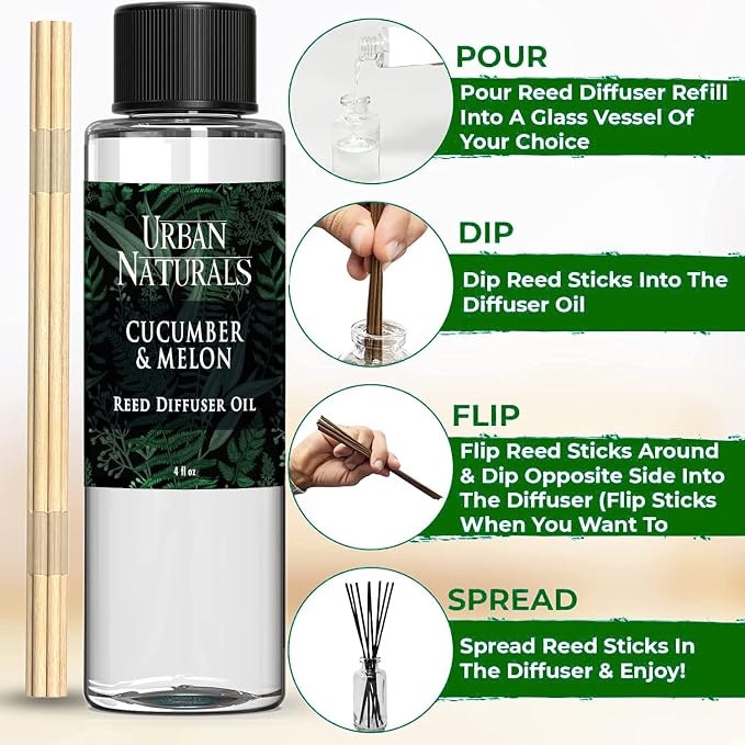 Urban Naturals Reed Diffuser Oil Refill Cucumber Melon, Crisp Cucumber, Juicy Melon, Refreshing Summer Scent, 4 oz + Free Reed Sticks, Made in the USA