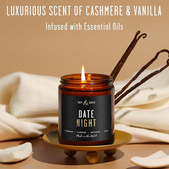 Date Night Candle I Scented Black Candles for Men or Women - French Cashmere & Vanilla Scent Soy Wax - Infused w/Essential Oils | Mens Candle I Long-Lasting 50Hr Burn, 9oz I Non Toxic I Made in USA