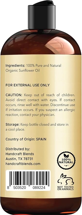 Handcraft Blends USDA Organic Sunflower Oil - Cold-Pressed 16 Fl Oz - 100% Pure and Natural - Premium Grade Carrier Oil for Skin and Hair - Hair and Body - Massage - Hexane-Free