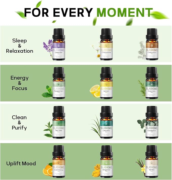 12 Pack Essential Oils for Diffusers for Home - Water Soluble Diffuser Oils Set for Humidifiers & Spa, Scented Oil with Wooden Gift Box for Women - Lavender, Peppermint, Sweet Orange, Tea Tree & More