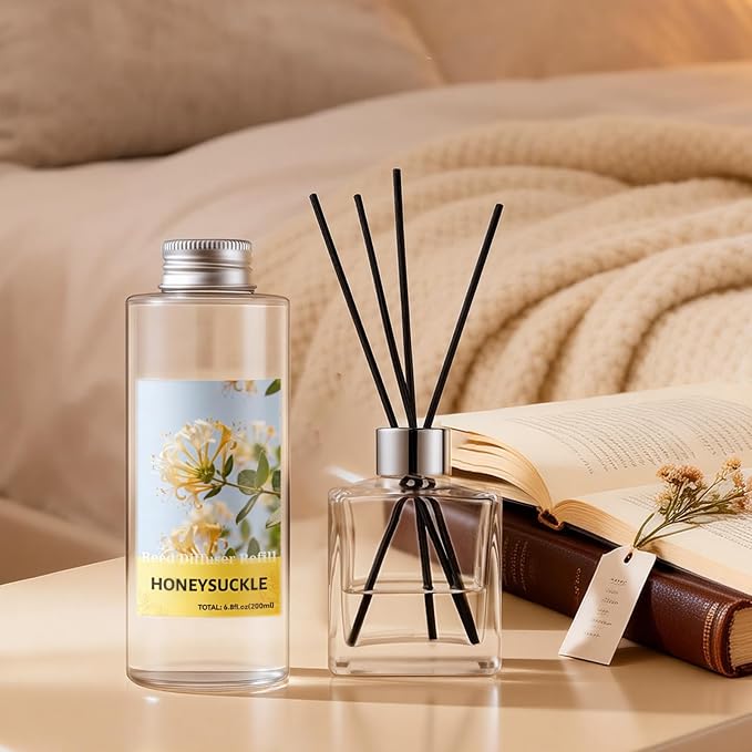 STRN Reed Diffuser Oil Refill, Honeysuckle Scented Diffuser Oil Refills with 6 Reed Sticks 200ML(6.8fl.oz), Room Fresheners for Home, Long-Lasting Summer Fragrance for Living Room, Bedroom, Office