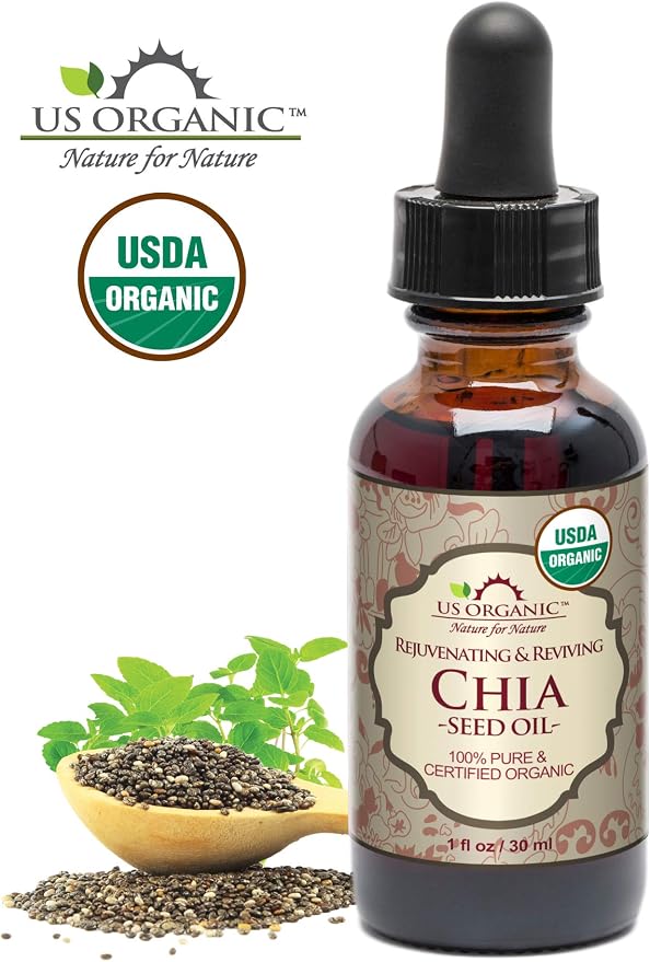 US Organic Chia Seed Oil, Certified Organic, Pure & Natural, Cold Pressed Virgin, Unrefined, Sourced from Paraguay, in Amber Glass Bottle w/Glass Eyedropper (1 oz (30 ml))