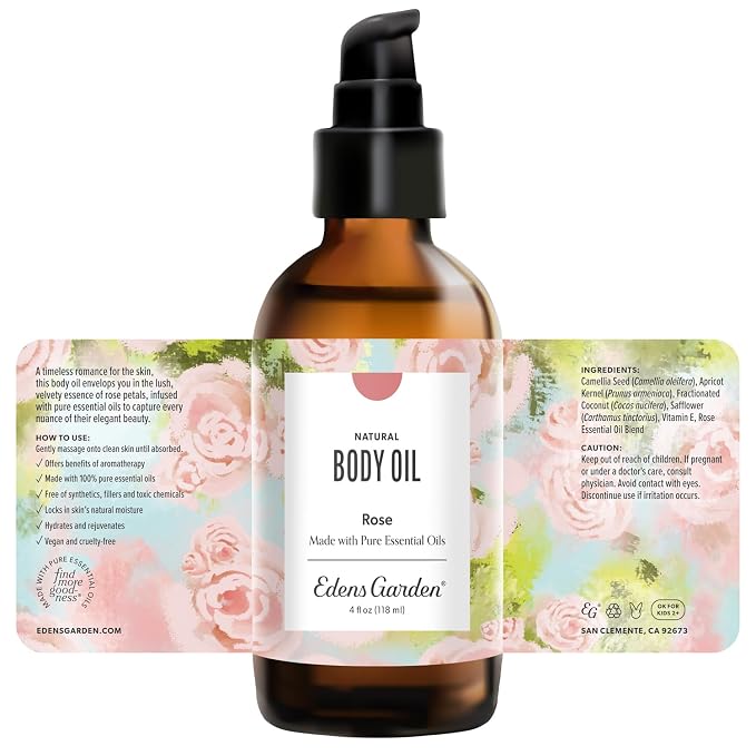 Edens Garden Rose Body Oil – Bath, Body & Massage Oil with Pure Essential Oils & Vitamin E, Moisturizing Floral Aromatherapy for Skincare, 4 fl oz (118 ml)