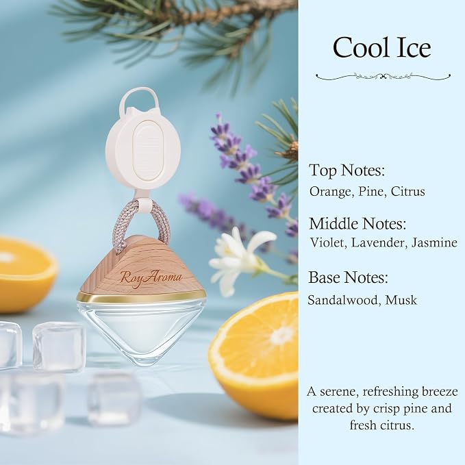 Royaroma Hanging Car Air Freshener Diffuser, Luxury Car Perfume for Men & Women, Long Lasting Cars Fresheners with Natural Essential Oils | Cool Ice | Adjustable Rope