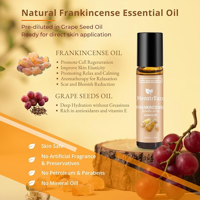 Frankincense and Grapeseed Essential Oil Roll On, Therapeutic Grade Daytime Skincare and Mood Support，100% Pure and Natural Grapeseed Oil & Frankincense for Face, Skin, Aging, Fine lines, Relax, 10 ml